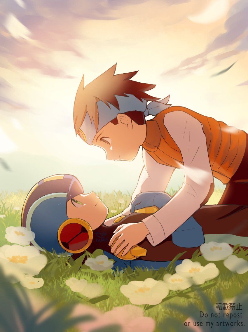 2boys absurdres blue_headband blue_headwear bodysuit boy_on_top brown_eyes brown_hair closed_mouth cloud commentary_request day eye_contact flower grass green_eyes hand_on_another's_shoulder hand_on_own_chest headband helmet highres lan_hikari_(mega_man) long_sleeves looking_at_another lying male_focus mega_man_(series) mega_man_battle_network_(series) megaman.exe multiple_boys on_back on_grass orange_vest outdoors profile shirt short_hair signature sky smile spiked_hair tok_nuts upper_body vest white_flower white_shirt yaoi