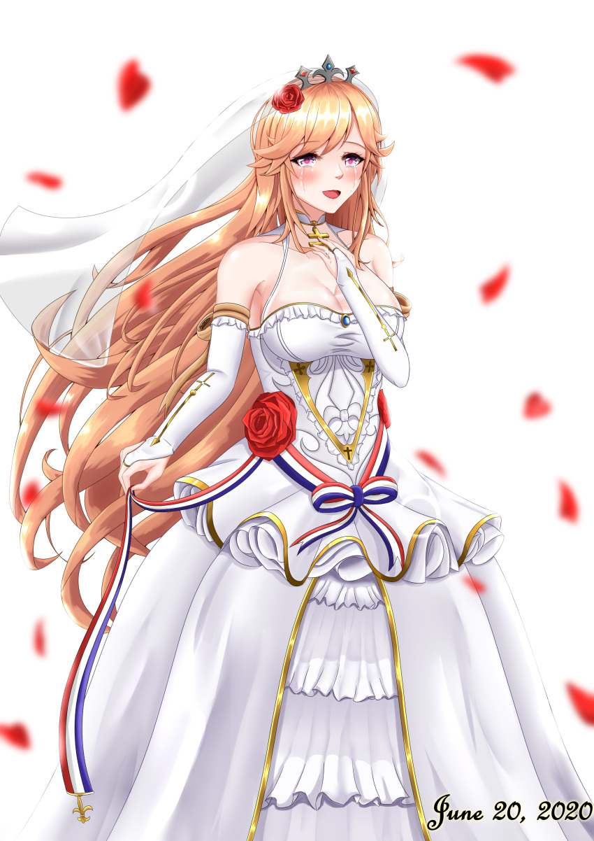absurdres azur_lane blonde_hair blush breasts bridal_gauntlets bridal_veil cross crying dated dress fleur-de-lis flower french_flag gloves happy_tears highres large_breasts long_hair musanix open_mouth petals red_eyes richelieu_(azur_lane) rose smile solo tears vehicle_and_personification veil wedding wedding_dress white_background