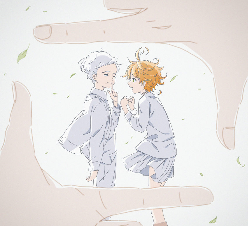 1boy 1girl absurdres awarin blue_eyes collared_shirt emma_(yakusoku_no_neverland) eye_contact finger_frame finger_to_mouth green_eyes highres leaf looking_at_another neck_tattoo norman_(yakusoku_no_neverland) number_tattoo orange_hair pants pov_finger_frame shirt short_hair shushing skirt tattoo white_background white_hair white_pants white_shirt white_skirt yakusoku_no_neverland