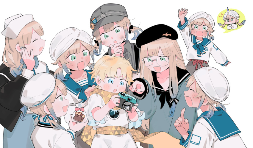 3girls 6+boys arm_up bag baker_nemo_(fate) beret black_headwear black_sailor_collar blonde_hair blue_eyes blue_sailor_collar blush braid camera captain_nemo_(fate) checkerboard_cookie collarbone cookie dirty dirty_face engineer_nemo_(fate) fate/grand_order fate_(series) food gradient_hair green_eyes grey_shirt hat hat_feather heart-shaped_cookie highres holding holding_bag long_sleeves mole mole_under_eye mole_under_mouth multicolored_hair multiple_boys multiple_girls nemo_(fate) nurse_nemo_(fate) oneroom-disco open_mouth pointing pointing_at_viewer professor_nemo_(fate) robe round_eyewear sailor_collar scarf shirt short_hair short_twintails suspenders turban twintails voyager_(fate) white_headwear white_robe white_shirt yellow_scarf