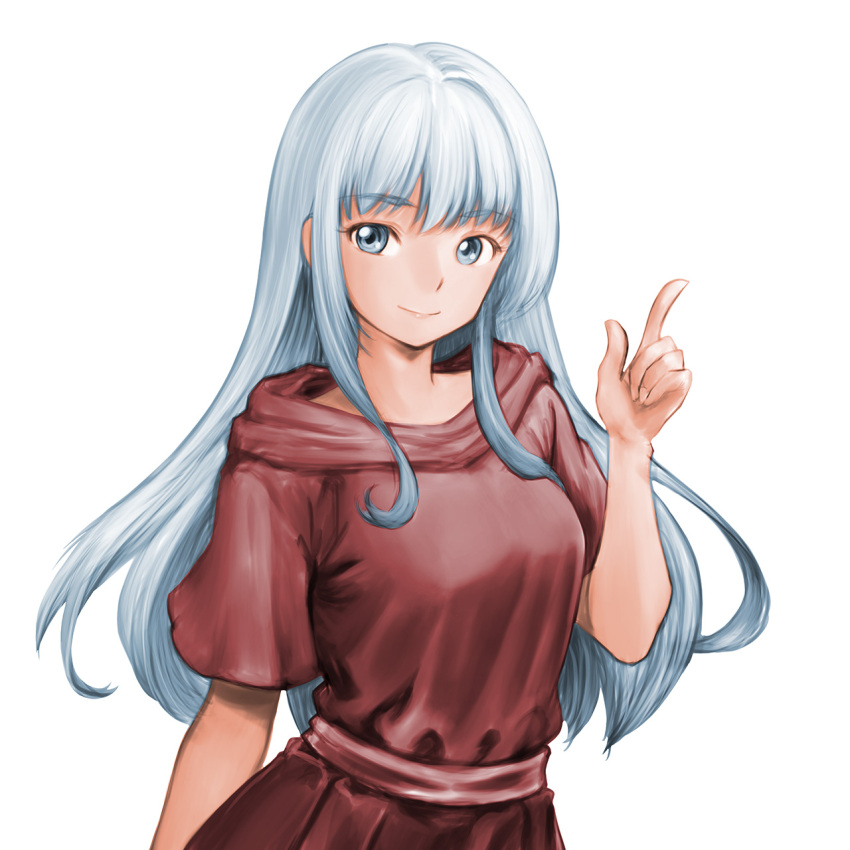 1girl ancient_ys_vanished blue_eyes breasts closed_mouth hand_up highres index_finger_raised long_hair medium_breasts minamoto80486 pink_sash reah_(ys) red_robe ringed_eyes robe sash short_sleeves simple_background smile solo white_background white_hair ys