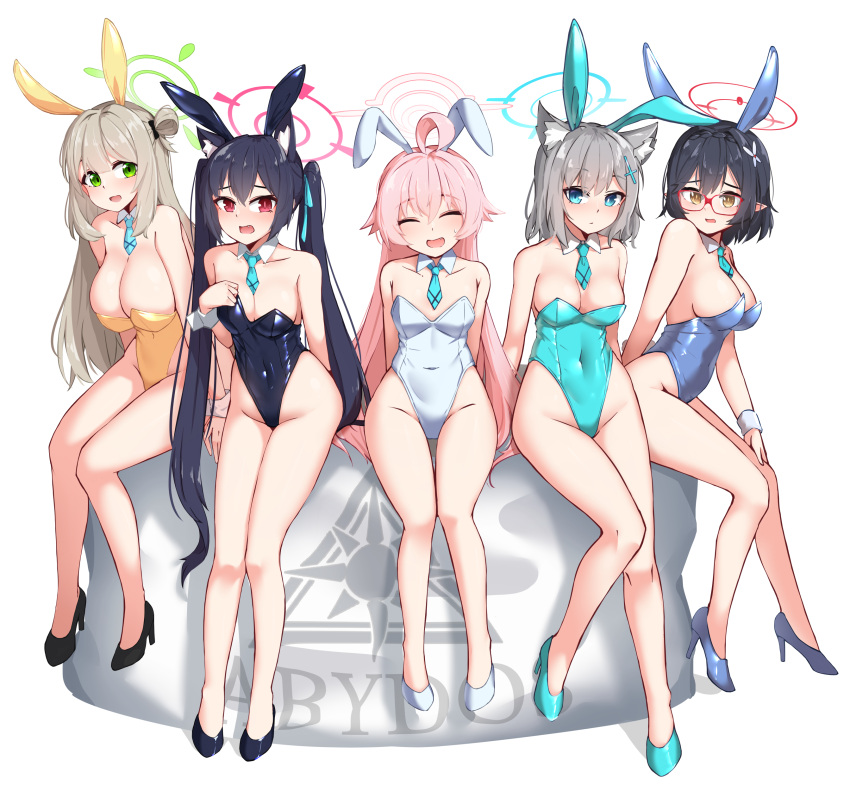 4girls :d ^_^ absurdres ahoge alternate_costume animal_ear_fluff animal_ears ayane_(blue_archive) bare_shoulders black_hair blue_archive blue_eyes blue_necktie blunt_bangs braid breaaad breasts brown_eyes cat_ears cat_girl cleavage closed_eyes collarbone commentary cross_hair_ornament crown_braid detached_collar english_commentary fake_animal_ears full_body glasses green_eyes grey_hair hair_between_eyes hair_bun hair_ornament highleg highleg_leotard highres hoshino_(blue_archive) large_breasts leotard long_hair looking_at_viewer medium_breasts medium_hair mismatched_pupils mixed-language_commentary multiple_girls necktie nonomi_(blue_archive) one_side_up pink_eyes playboy_bunny pointy_ears rabbit_ears red_eyes serika_(blue_archive) shiroko_(blue_archive) short_hair sidelocks simple_background single_braid single_side_bun sitting sleeveless small_breasts smile strapless strapless_leotard twintails white_background wolf_ears wolf_girl