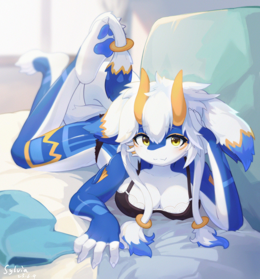 2023 4_toes 5_fingers absurd_res anthro barefoot bed blue_body blue_fur blue_hair blush bra breasts claws cleavage clothed clothing digital_media_(artwork) dragon feet female female_anthro finger_claws fingers fur furniture furred_dragon hair hi_res horn kemono looking_at_viewer lying mammal multicolored_body multicolored_fur multicolored_hair on_bed on_front panties pawpads paws shiokisylvia soles solo tail toe_claws toes underwear underwear_only white_body white_fur yellow_body yellow_eyes yellow_fur
