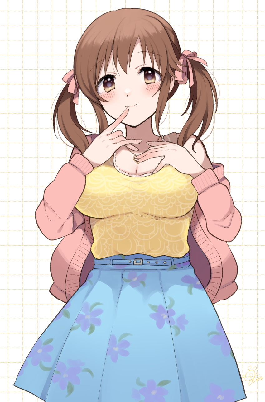 1girl absurdres belt blue_belt blue_skirt blush bow breasts brown_eyes brown_hair cardigan cleavage closed_mouth cowboy_shot dot_nose dotted_line finger_to_mouth floral_print grid_background gum_(vivid_garden) hair_bow hair_ribbon hand_on_own_chest hands_up heart heart_necklace highres idolmaster idolmaster_cinderella_girls idolmaster_cinderella_girls_starlight_stage index_finger_raised jewelry large_breasts long_sleeves looking_at_viewer necklace open_cardigan open_clothes pink_cardigan pink_ribbon print_shirt ribbon shirt signature single_bare_shoulder single_off_shoulder skirt sleeveless sleeveless_shirt smile solo standing totoki_airi twintails white_background yellow_shirt