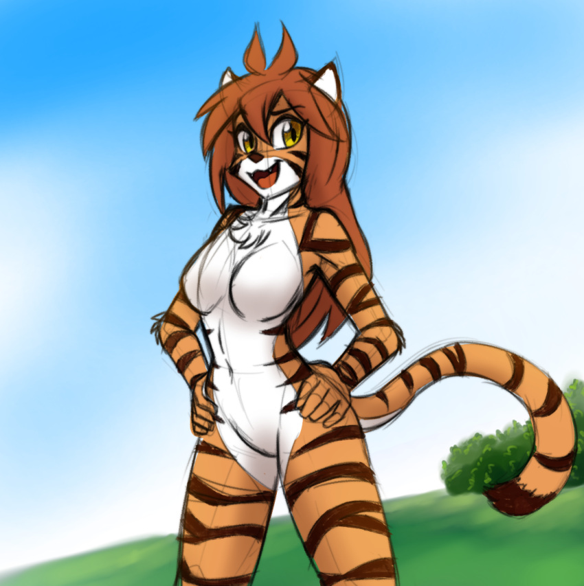 ahoge anthro breasts brown_hair brown_stripes chest_tuft eyelashes featureless_breasts featureless_crotch felid female flora_(twokinds) fur gndthr323 hair hand_on_hip keidran long_hair looking_at_viewer mammal navel open_mouth open_smile orange_body orange_fur pantherine smile solo stripes thescornfulreptilian thick_thighs tiger tuft twokinds webcomic white_body white_fur wide_hips yellow_eyes