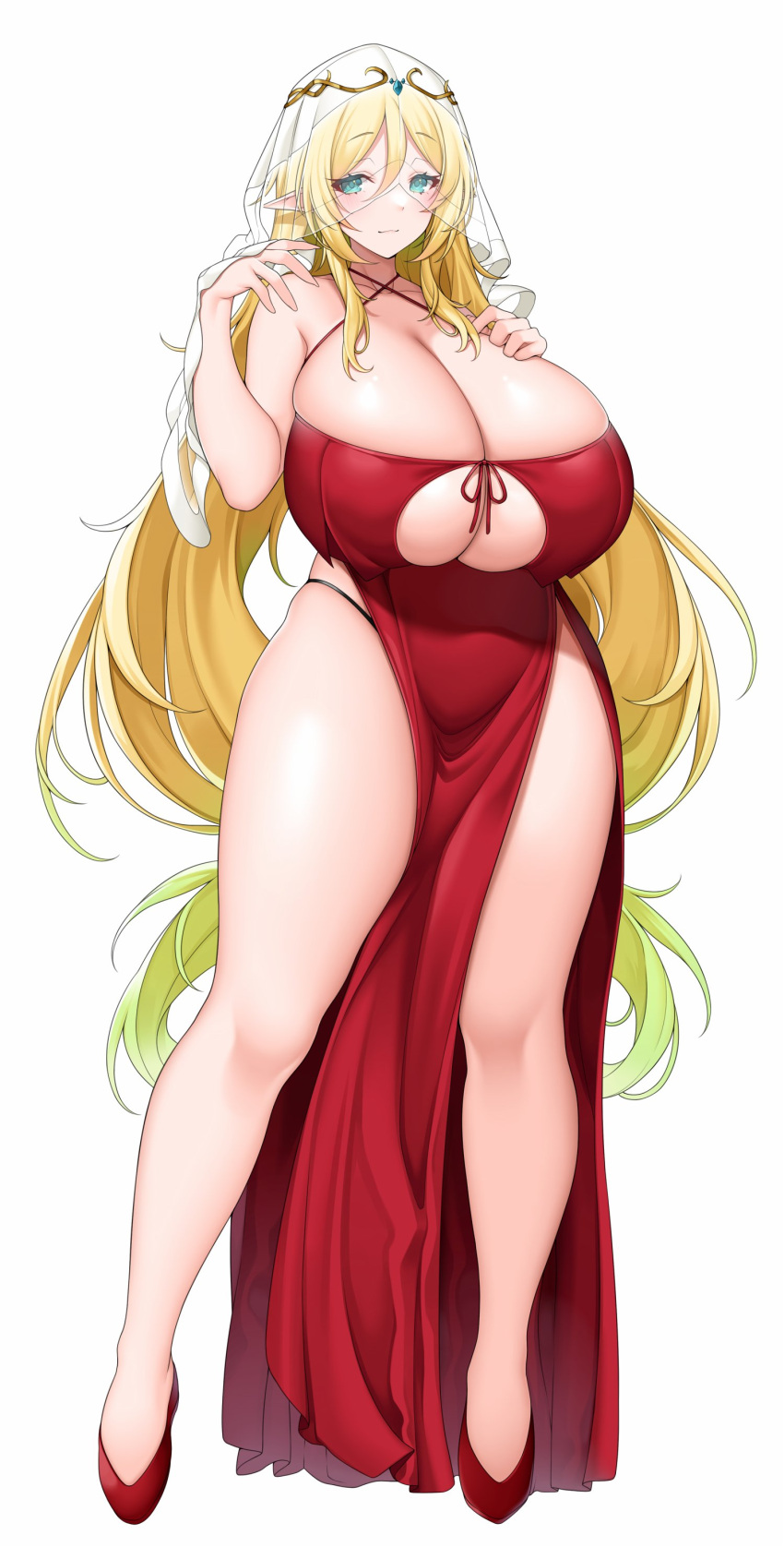 1girl absurdres blonde_hair breasts cleavage clothing_cutout dress full_body g-string gem green_eyes highres huge_breasts long_hair original pelvic_curtain pointy_ears red_dress red_footwear simple_background solo suruga_(xsurugax) thong underboob_cutout veil very_long_hair white_background