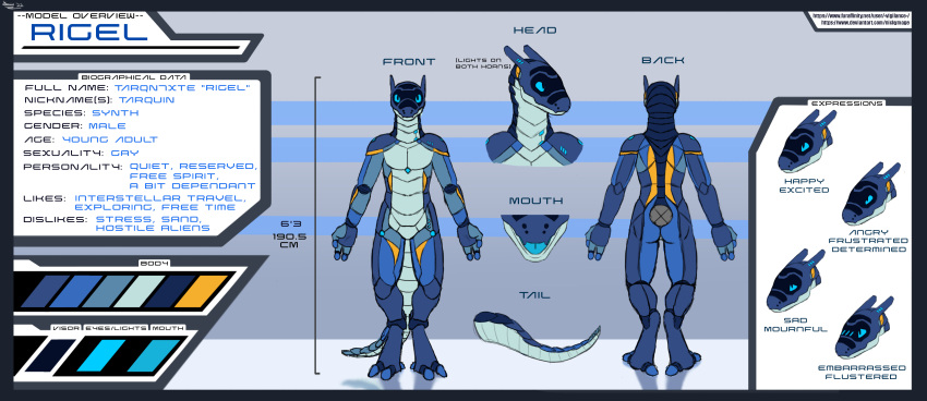 2022 absurd_res anthro blue_body character_name detailed_background digital_drawing_(artwork) digital_media_(artwork) expression_sheet front_view hi_res machine male model_sheet rear_view robot saerixdurr signature solo synth_(vader-san) tarqn7xte_"rigel" text url visor widescreen