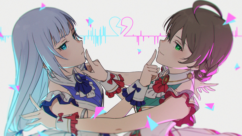2girls ahoge blue_bow blue_eyes blue_hair blush bow braid brown_hair cardiogram closed_mouth dress earrings finger_to_another's_mouth frilled_dress frills from_side green_eyes hair_between_eyes heart idol idol_clothes idolmaster idolmaster_million_live! idolmaster_million_live!_theater_days jewelry light_blue_hair lightning_bolt_symbol long_hair mishio multiple_girls outstretched_arm red_bow sakuramori_kaori shiraishi_tsumugi short_hair sidelocks upper_body