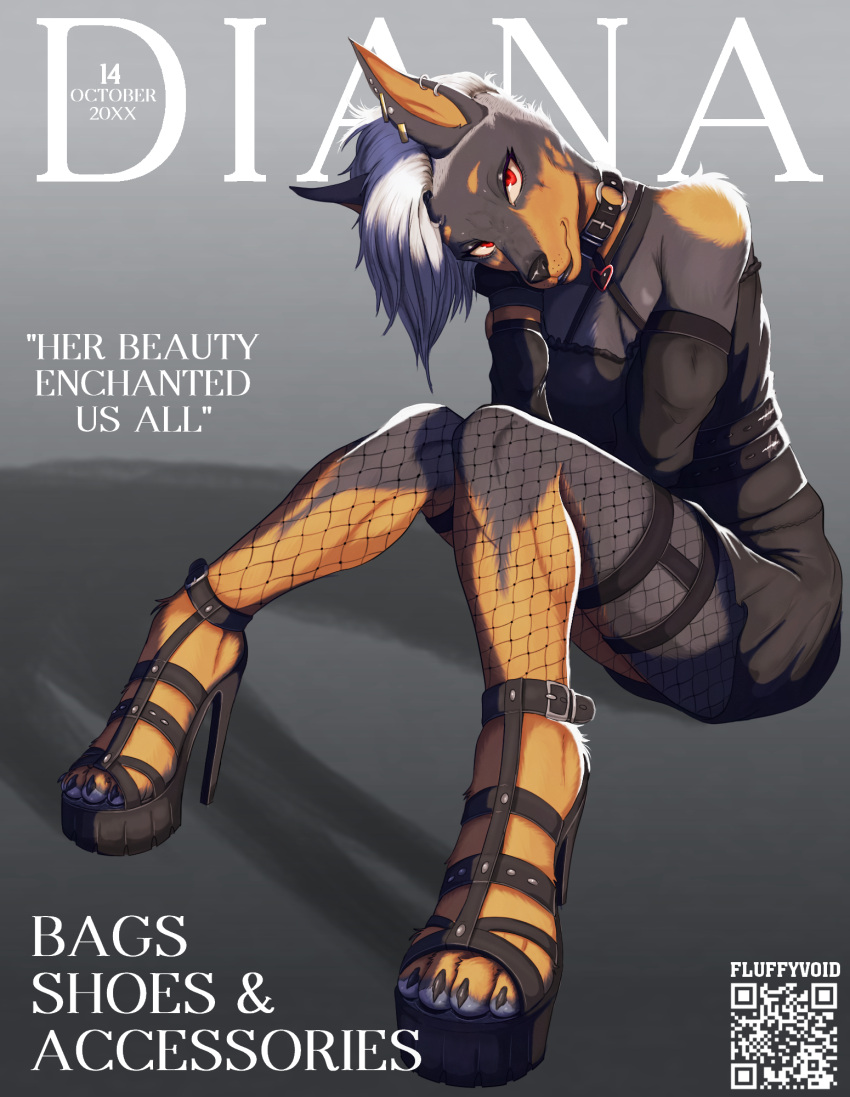 4_toes anthro bedroom_eyes belt black_body black_fur brown_body brown_fur canid canine canis choker claws clothed clothing collar comic cover diana_(fluffy_void) digitigrade dobermann domestic_dog dress ear_piercing ear_ring feet female flat_chested fluffy_void foot_focus footwear fur goth grey_hair hair hi_res high_heels jewelry magazine_cover mammal multicolored_body narrowed_eyes necklace pawpads piercing pinscher red_eyes ring_piercing seductive solo speech_bubble toes two_tone_body undercut