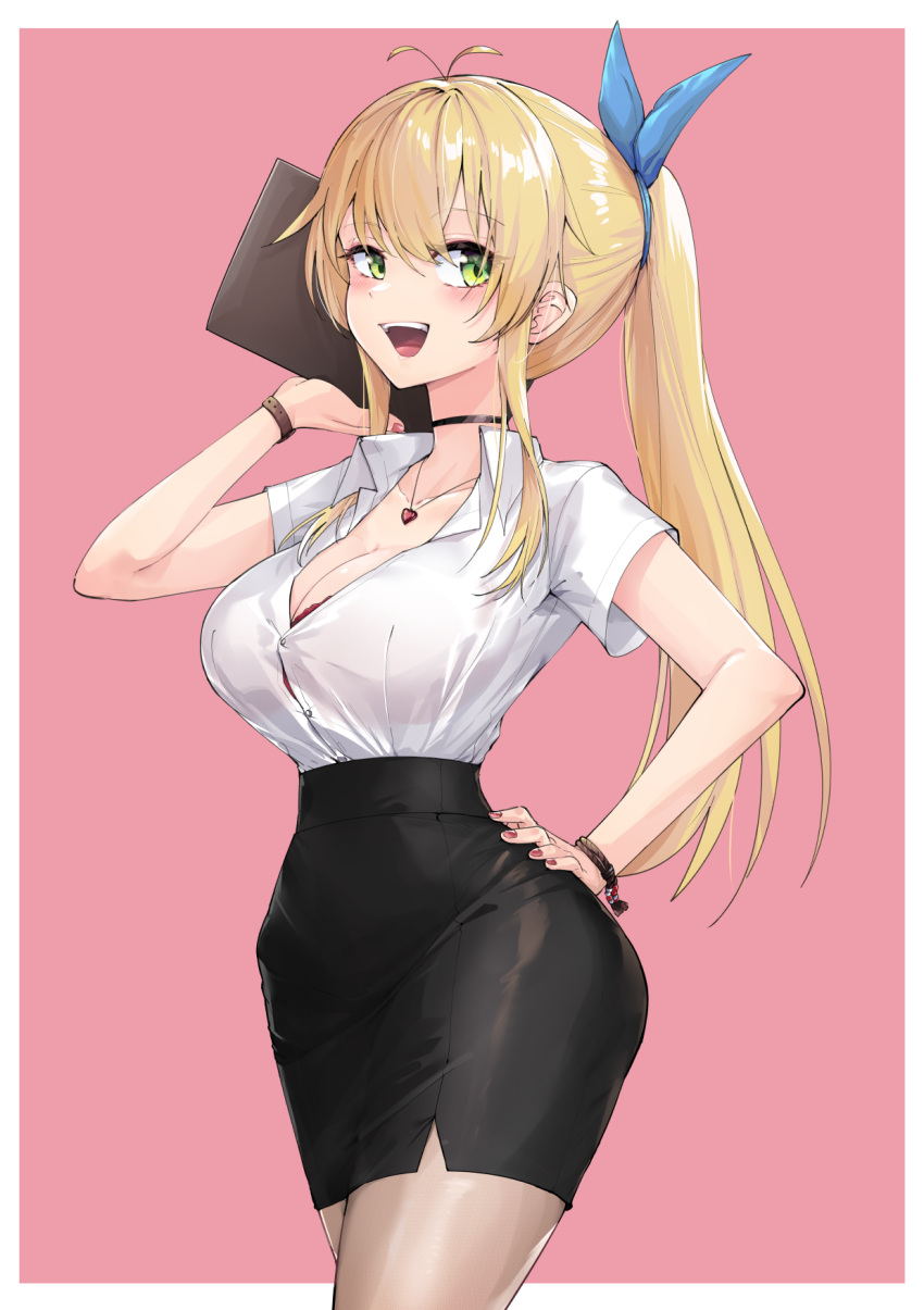 blonde_hair bra bra_peek breasts button_gap choker cleavage collarbone collared_shirt green_eyes hand_on_hip highres jewelry large_breasts light_blush long_hair looking_at_viewer narrow_waist necklace office_lady open_mouth pantyhose pencil_skirt pink_background pink_nails ponytail shirt shirt_tucked_in short_sleeves sidelocks sideways_glance simple_background skirt smile tented_shirt tsurumaki_maki underwear voiceroid white_shirt wide_hips wing_collar zooanime