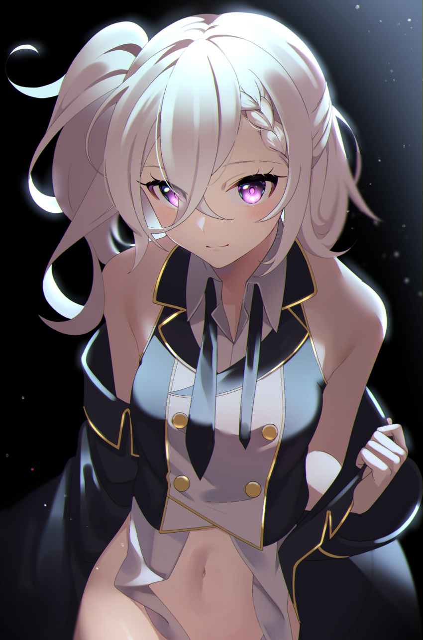 1girl absurdres azur_lane bare_shoulders black_background black_coat black_necktie blush braid buttons closed_mouth coat commentary_request groin hair_between_eyes hand_up highres long_bangs long_hair looking_at_viewer military_uniform navel necktie off_shoulder one_side_up partially_undressed purple_eyes revision sashiro_koma smile solo stomach textless_version uniform white_hair z1_leberecht_maass_(azur_lane) z1_leberecht_maass_(retrofit)_(azur_lane)