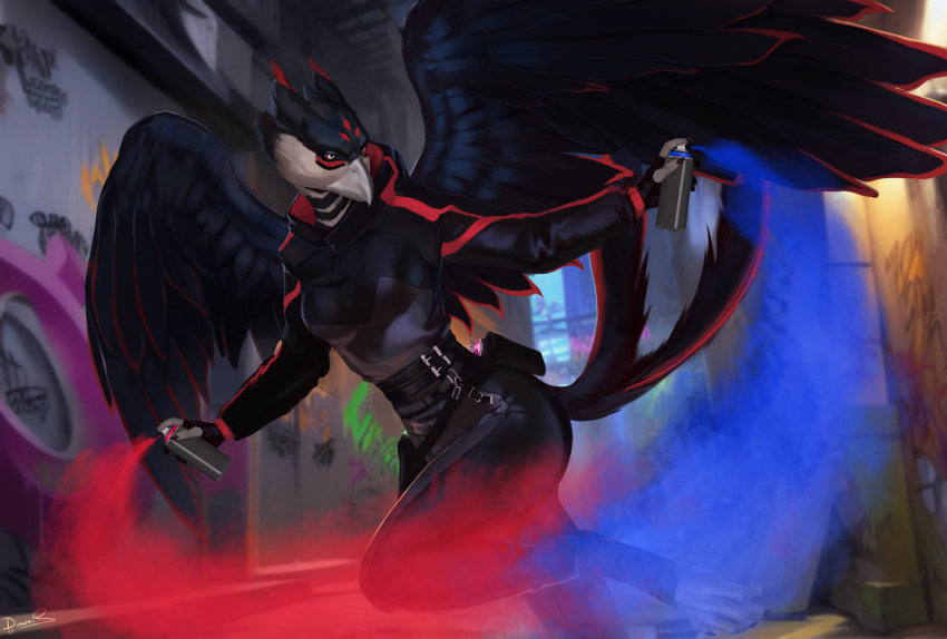 animal_humanoid anthro avian avian_humanoid black_body blue_paint clothed clothing colored detailed_background dimonis feathered_wings feathers female hi_res humanoid outside paint red_paint solo sportswear spray_paint street watermark wings