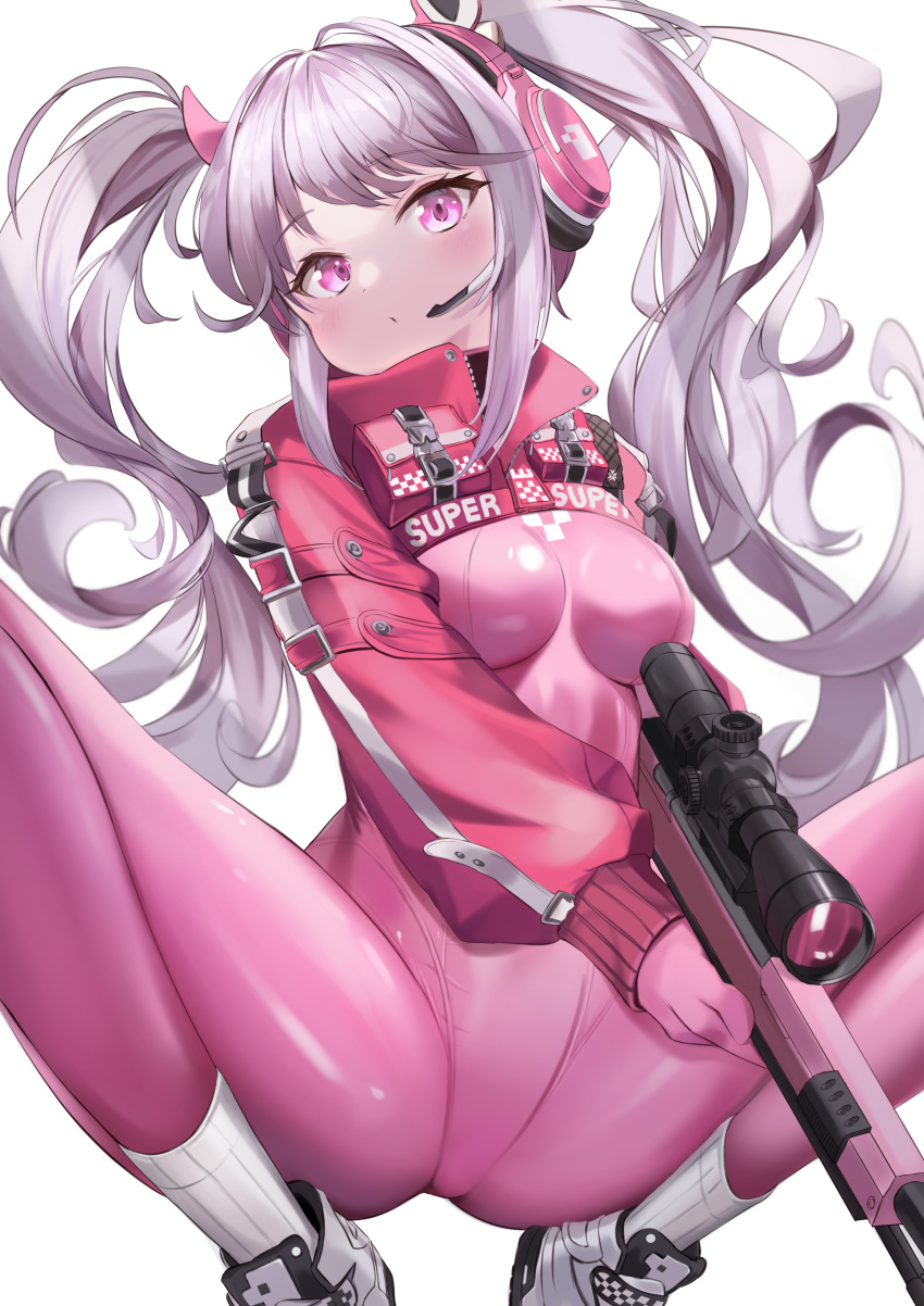 absurdres alice_(nikke) animal_ear_headphones animal_ears assault_rifle blush bodysuit breasts fake_animal_ears gloves goddess_of_victory:_nikke grey_hair gun headphones headset highres holding holding_weapon impossible_bodysuit impossible_clothes jacket latex latex_bodysuit looking_at_viewer medium_breasts multicolored_clothes multicolored_gloves pink_bodysuit pink_eyes pink_gloves pink_headphones red_jacket rifle simple_background skin_tight solo spread_legs squatting two-tone_gloves weapon white_background yutoriko_(candy0905)
