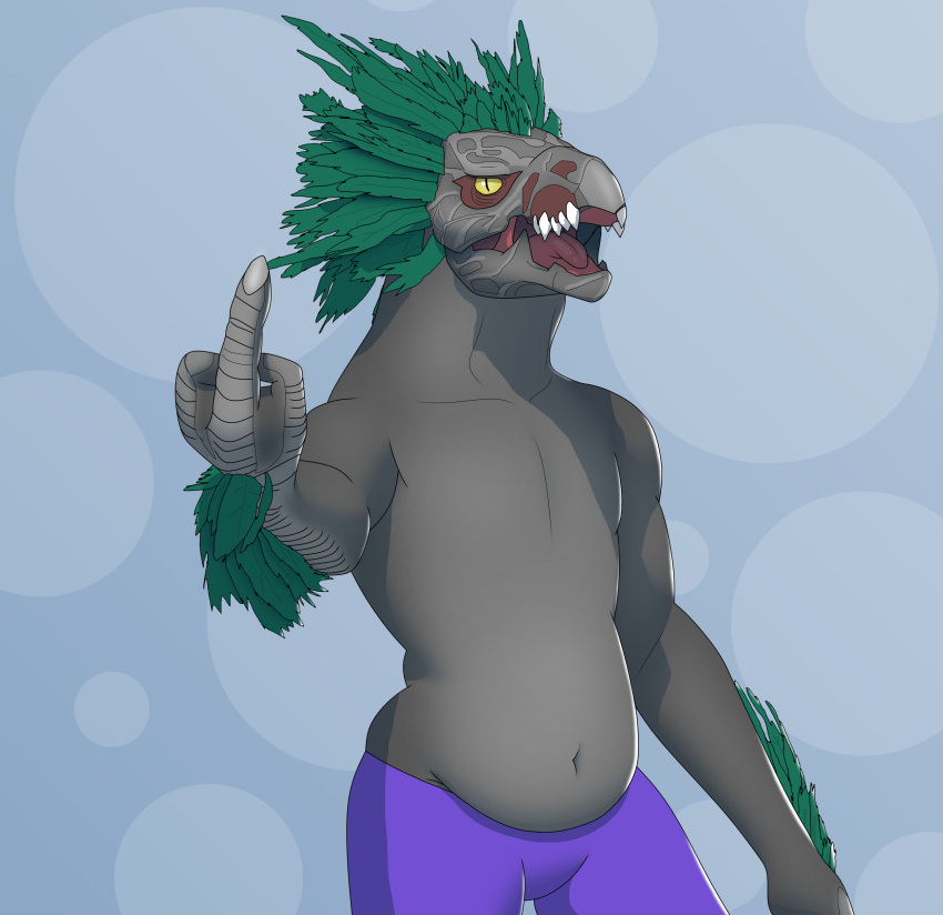 3_fingers absurd_res alien anthro arm_tuft avian beak bottomwear clothed clothing colored fangs feather_hair feather_tuft feathered_crest feathers fingers green_body green_feather_hair green_feathers grey_body grey_scales grey_skin halo_(series) head_crest hi_res kig-yar looking_at_viewer male microsoft musclegut navel non-mammal_navel open_mouth pants pseudo_hair pupils purple_bottomwear purple_clothing purple_pants raised_arm random73 scales scalie shaded simple_background slit_pupils solo t'vaoan teeth tongue topless tuft xbox_game_studios yellow_eyes