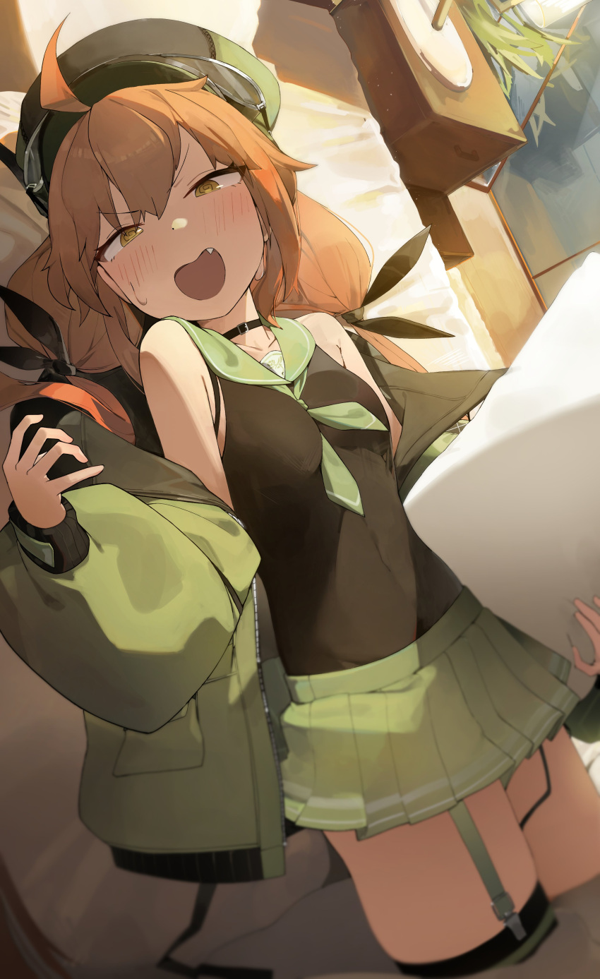 1girl @_@ absurdres ahoge black_shirt black_thighhighs blurry blush breasts brown_hair character_request coat commission copyright_request covered_navel depth_of_field fang garter_straps green_coat green_headwear green_neckerchief green_skirt hat highres holding holding_pillow lamp long_hair looking_at_viewer low_twintails lying miniskirt neckerchief nightstand off_shoulder on_back on_bed open_clothes open_coat open_mouth pillow pleated_skirt sailor_collar shirt shirt_tucked_in simple_background skirt sleeveless sleeveless_shirt small_breasts solo sweatdrop thighhighs tonki twintails v-shaped_eyebrows yellow_eyes