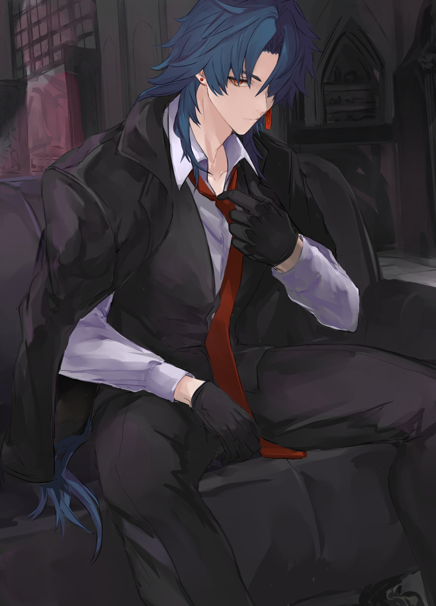 1boy absurdres black_coat black_pants blade_(honkai:_star_rail) closed_eyes coat earrings expressionless formal hair_over_one_eye highres honkai:_star_rail honkai_(series) indoors jewelry long_hair looking_at_viewer male_focus manspreading necktie pants parted_bangs penyo1989 red_eyes red_necktie sitting solo spread_legs white_sleeves