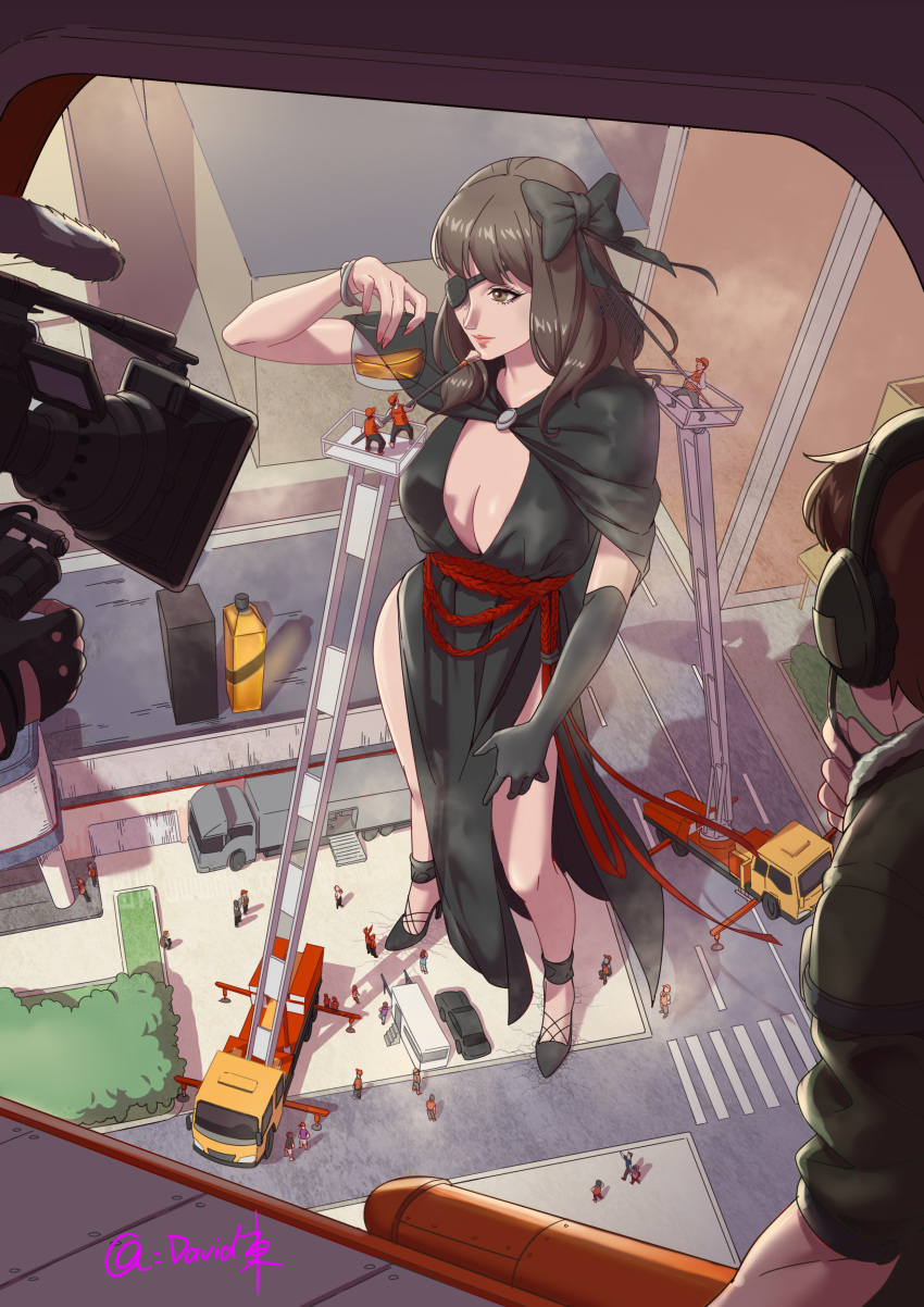 absurdres black_dress black_hair dress eyepatch giant giantess girls'_frontline grey_eyes highres m16a1_(blazer_of_the_trail)_(girls'_frontline) m16a1_(girls'_frontline)