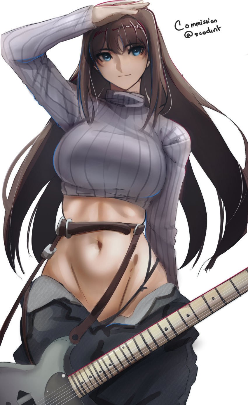 1girl absurdres aozaki_aoko black_panties blue_eyes breasts brown_hair clothes_pull code_nt commission cowboy_shot cropped_sweater english_commentary english_text grey_sweater groin guitar hand_on_own_head highleg highleg_panties highres instrument large_breasts light_smile long_hair mahou_tsukai_no_yoru midriff navel panties pants pants_pull sidelocks solo sweater turtleneck turtleneck_sweater twitter_username underwear