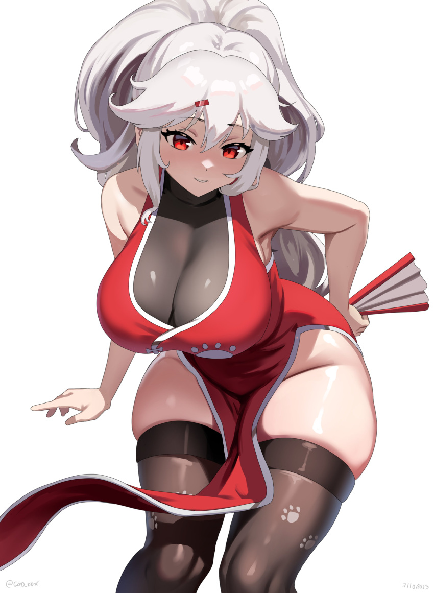 absurdres bare_shoulders bent_over black_thighhighs breasts character_request china_dress chinese_clothes cleavage copyright_request curvy dress feet_out_of_frame gad_the_god grin groin hair_between_eyes hand_fan high_ponytail highres large_breasts long_hair looking_at_viewer paw_print red_eyes see-through see-through_cleavage shiny_skin sidelocks simple_background skindentation sleeveless smile thick_thighs thighhighs thighs turtleneck white_background white_hair