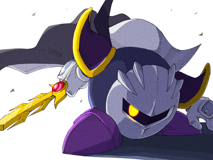 1boy armor galaxia_(sword) gloves highres holding holding_sword holding_weapon kirby_(series) looking_at_viewer male_focus mask meta_knight no_humans omanju pauldrons shoulder_armor simple_background solo sword weapon white_background yellow_eyes