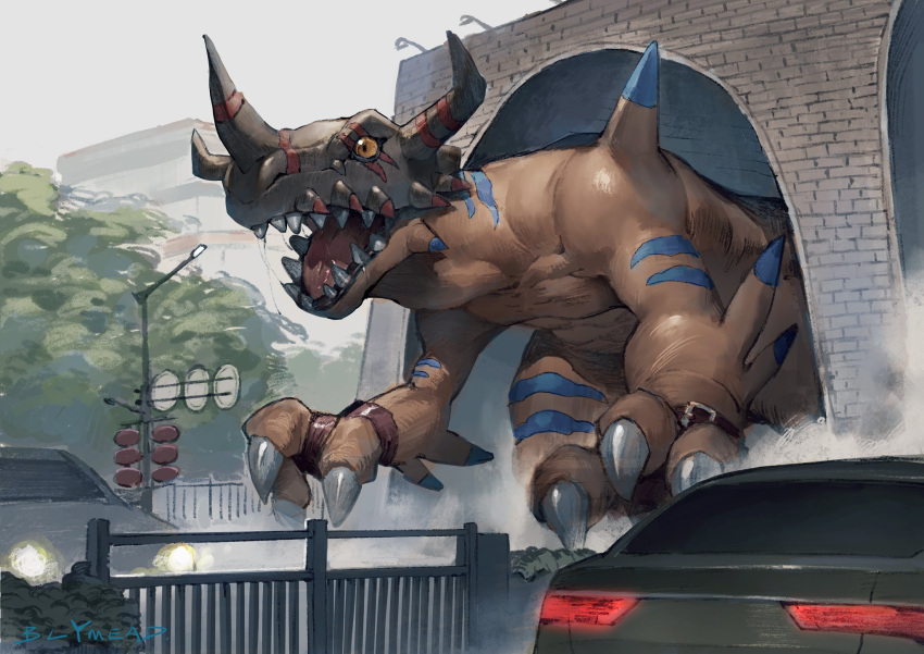 artist_name blue_skin bly_mead car claws colored_sclera colored_skin day digimon digimon_(creature) greymon highres horns motor_vehicle multicolored_skin open_mouth orange_sclera orange_skin sharp_teeth shiny_skin teeth tongue two-tone_skin