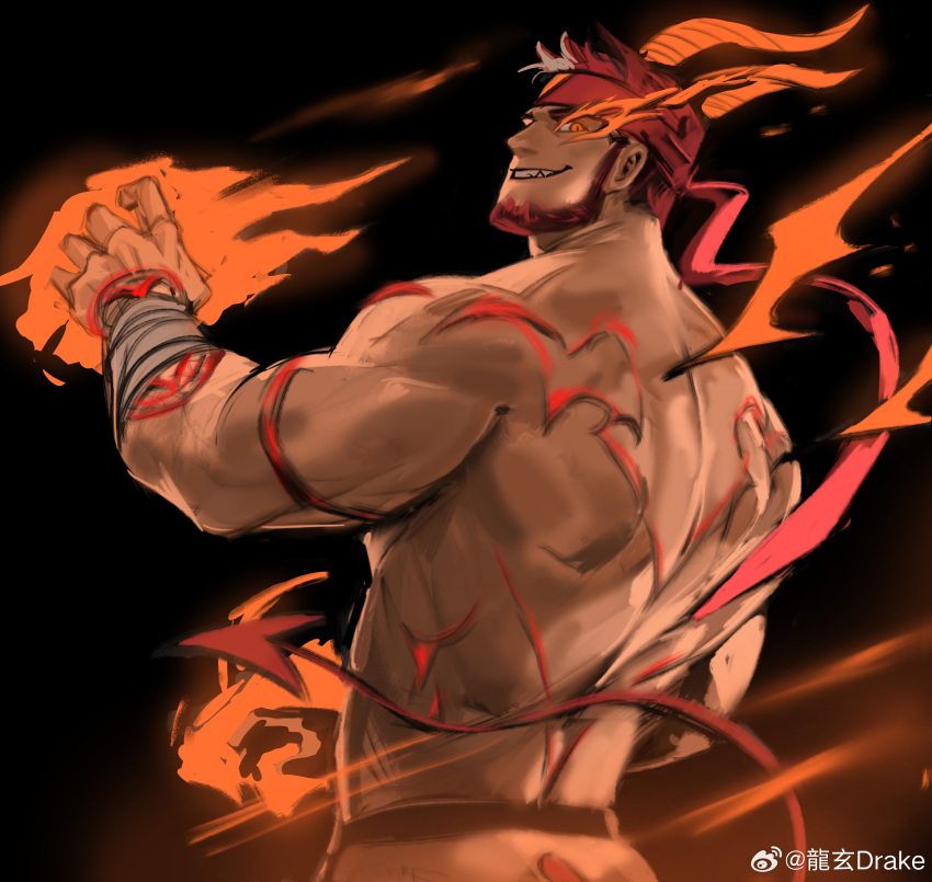 1boy absurdres back bandaged_arm bandages bara beard black_background cowboy_shot demon_horns demon_tail dopey_(dopq) evil_smile facial_hair fiery_horns flaming_eye flaming_hand from_behind headband highres horns indie_virtual_youtuber looking_at_viewer male_focus monsterification muscular muscular_male orange_eyes powering_up red_headband ryuugen_drake second-party_source sharp_teeth smile smirk solo tail teeth topless_male turning_head virtual_youtuber