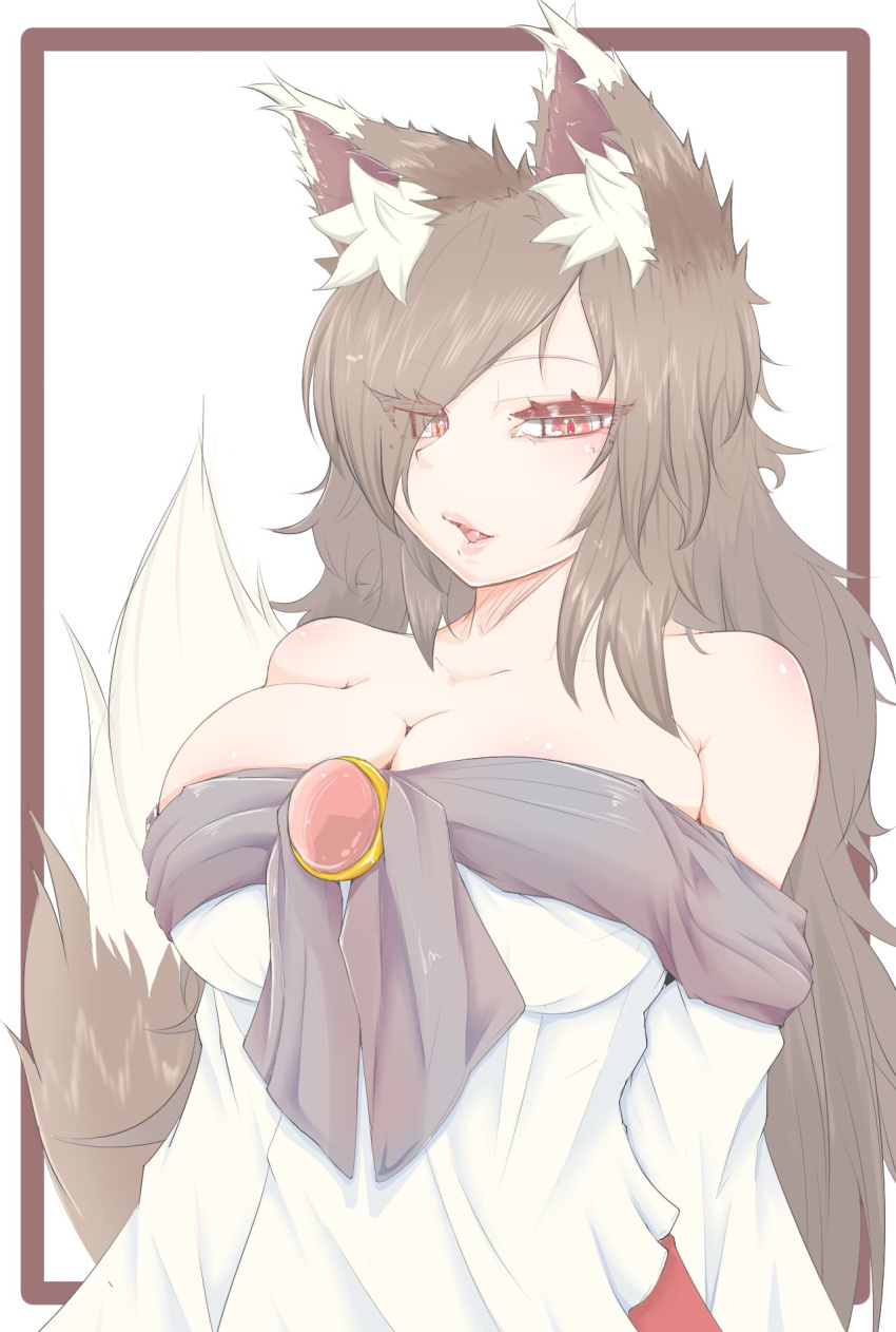 animal_ears breasts brown_hair cleavage cube85 hair_over_one_eye highres imaizumi_kagerou large_breasts long_hair looking_at_viewer off_shoulder open_mouth red_eyes simple_background tail touhou upper_body white_background wolf_ears wolf_girl wolf_tail