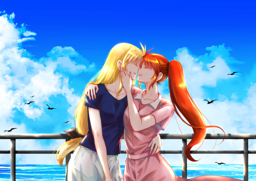 2girls arm_around_shoulder bird black_bow blonde_hair blue_sky bow closed_eyes cloud cloudy_sky commentary_request commission couple cowboy_shot day dress fate_testarossa hair_bow hair_ribbon hand_on_another's_face highres imminent_kiss jewelry kiss leoheart long_hair looking_at_another lyrical_nanoha mahou_shoujo_lyrical_nanoha mahou_shoujo_lyrical_nanoha_strikers multiple_girls orange_hair outdoors pixiv_commission ponytail ribbon ring seagull shirt short_sleeves side_ponytail sidelocks skirt sky smile standing takamachi_nanoha very_long_hair wedding_ring wife_and_wife yuri