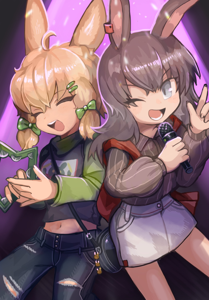 2girls :d ;d ahoge animal_ears april_(arknights) arknights bag black_bag black_pants black_shirt blonde_hair bow brown_hair brown_shirt buchi0122 closed_eyes collared_shirt commentary_request cowboy_shot denim eyes_visible_through_hair fingernails green_bow green_sleeves grey_eyes grey_skirt hair_bow hair_ornament hairclip highres holding holding_instrument holding_microphone instrument jeans kroos_(arknights) light_blush long_hair long_sleeves lower_teeth_only microphone midriff_peek miniskirt multiple_girls navel one_eye_closed open_mouth pants puffy_long_sleeves puffy_sleeves rabbit_ears rabbit_girl shirt short_hair shoulder_bag sidelocks skirt smile striped striped_shirt tambourine teeth torn_clothes torn_jeans torn_pants turtleneck upper_teeth_only vertical-striped_shirt vertical_stripes