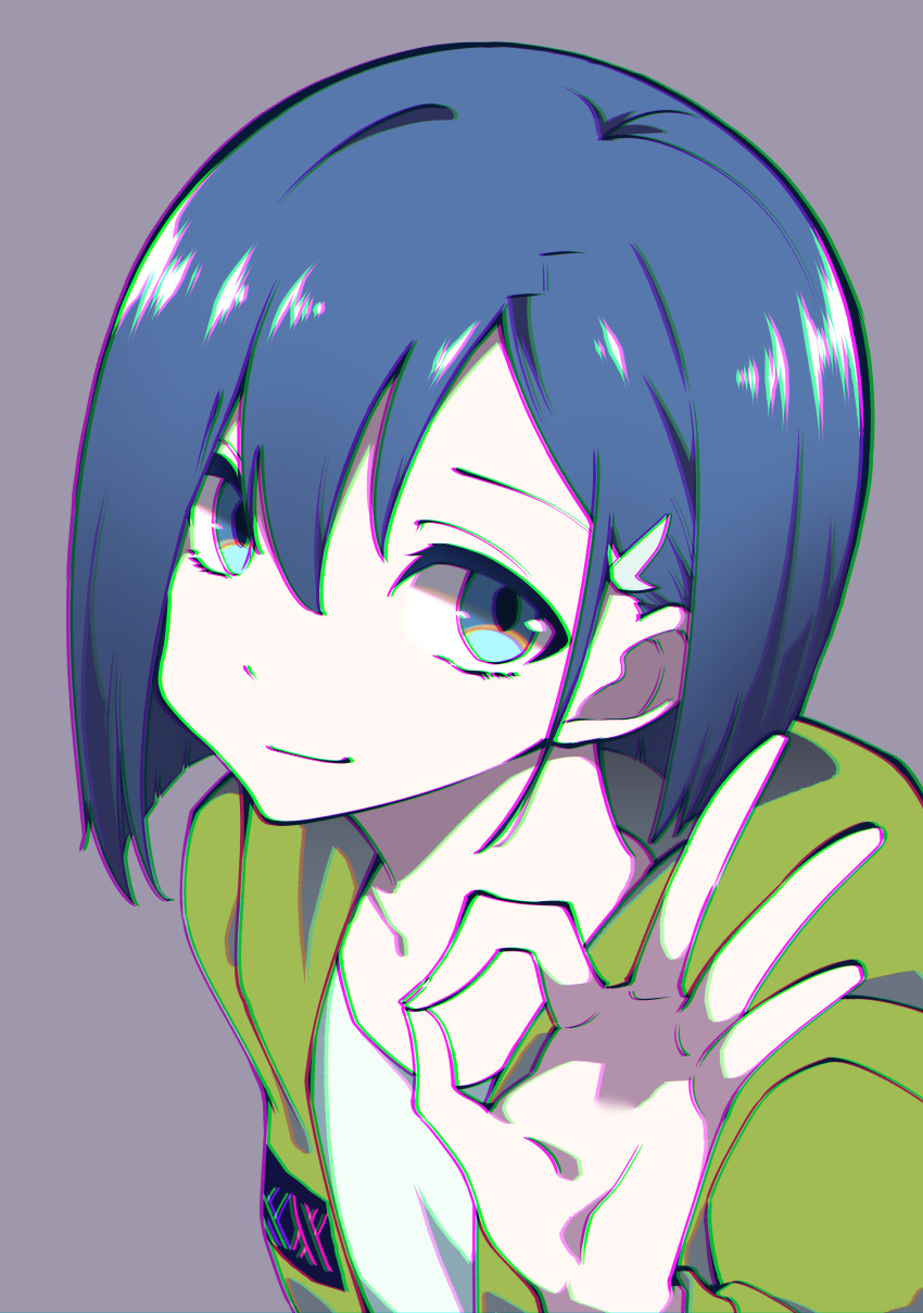 1girl absurdres aqua_eyes asymmetrical_hair blue_hair bob_cut chromatic_aberration close-up closed_mouth collarbone commentary darling_in_the_franxx from_above from_side green_jacket grey_background hair_between_eyes hair_ornament hair_over_one_eye hairclip highres hood hood_down ichigo_(darling_in_the_franxx) jacket light_smile looking_at_viewer looking_to_the_side looking_up mengmao_zhuyue ok_sign open_clothes open_jacket portrait shirt short_hair simple_background smile white_shirt