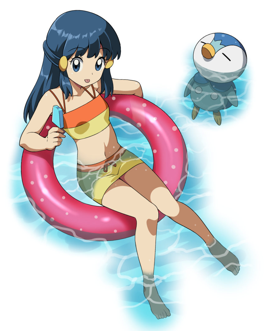 :p bare_shoulders barefoot bikini bikini_skirt blue_eyes blue_hair breasts closed_eyes dark_blue_hair dawn_(pokemon) food full_body hair_ornament hairclip highres holding_ice_cream ice_cream innertube long_hair looking_at_viewer lying multicolored_clothes multicolored_swimsuit navel no_headwear on_back partially_submerged piplup pokemon pokemon_(creature) pokemon_(game) pokemon_dppt small_breasts soaking_feet suitenan swimsuit tankini tongue tongue_out water white_background