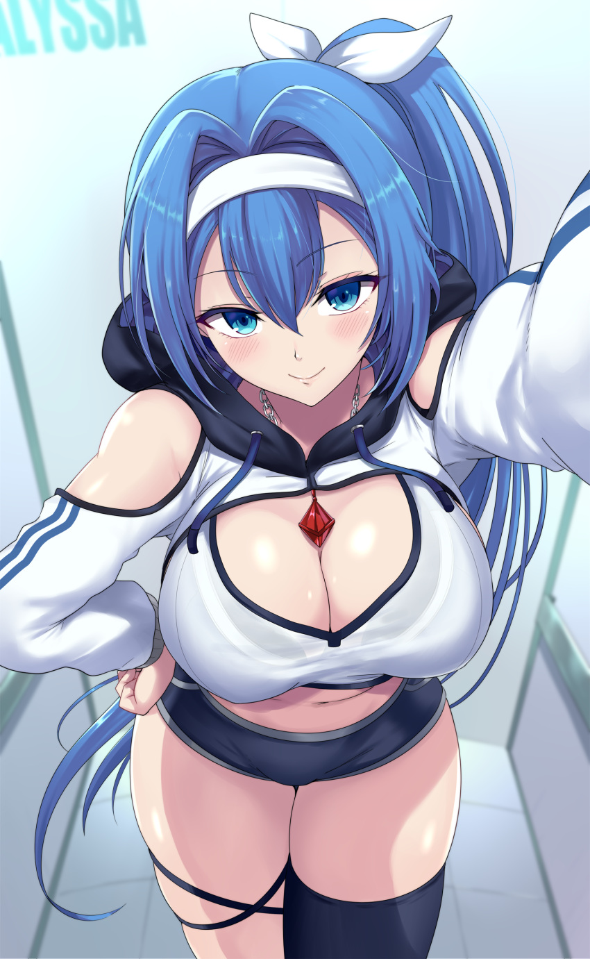 1girl absurdres blue_eyes blue_hair blush breasts cleavage commission highres jewelry kasai_shin large_breasts long_hair looking_at_viewer necklace original pixiv_commission ponytail smile solo sports_bra sportswear thick_thighs thigh_strap thighhighs thighs