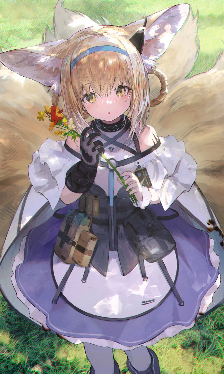 1girl absurdres animal_ear_fluff animal_ears arknights black_collar black_gloves blonde_hair blue_hairband braid braided_hair_rings clothing_cutout collar commentary_request dress earpiece feet_out_of_frame flower fox_ears fox_girl fox_tail gloves grass hair_rings hairband highres holding holding_flower infection_monitor_(arknights) kitsune kyuubi looking_at_viewer multiple_tails oripathy_lesion_(arknights) parted_lips purple_dress shirataki_jiro short_hair short_sleeves shoulder_cutout single_glove single_wrist_cuff standing suzuran_(arknights) tail twin_braids wrist_cuffs yellow_eyes