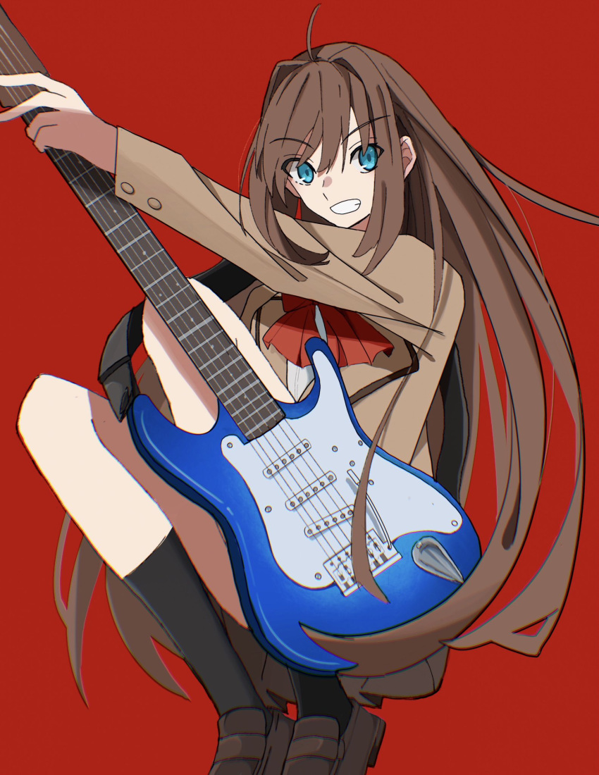 1girl aozaki_aoko blue_eyes brown_hair brown_jacket commentary_request guitar hair_intakes highres holding holding_instrument instrument jacket kneehighs loafers long_hair mahou_tsukai_no_yoru pikaremon red_background red_ribbon ribbon school_uniform shoes smile socks solo type-moon