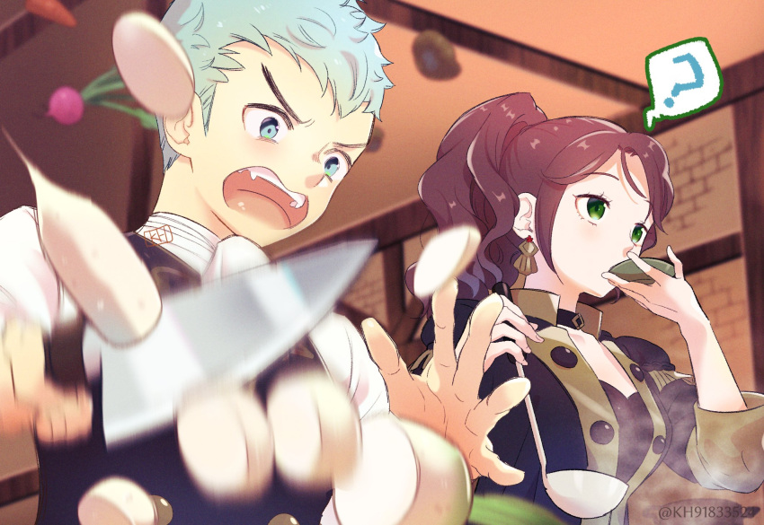 1boy 1girl ? aqua_hair brown_hair caspar_von_bergliez chopping cooking dorothea_arnault fire_emblem fire_emblem:_three_houses highres kh_(tanakananataka) open_mouth teeth upper_body upper_teeth_only