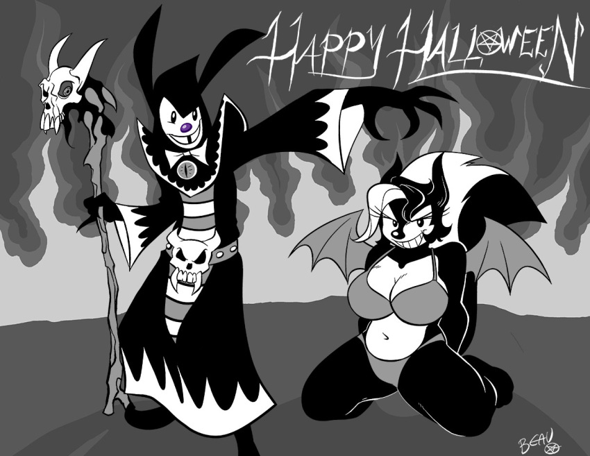 anthro beau_(disambiguation) big_breasts bra breasts cleavage clothed clothing demon duo female fire greta halloween holidays lagomorph lapinbeau leporid male male/female mammal mephitid midriff navel overweight panties rabbit ritual robe size_difference skunk slightly_chubby smile underwear