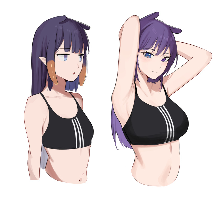 2girls arms_behind_head black_sports_bra blue_eyes breasts closed_mouth cropped_torso heterochromia highres hololive hololive_english koupi_(ku_roiko) ku_roiko large_breasts long_hair looking_at_viewer medium_support_(meme) meme mole mole_under_eye multiple_girls navel ninomae_ina'nis open_mouth personification pointy_ears purple_eyes purple_hair simple_background small_breasts smile sports_bra takodachi_(ninomae_ina'nis) tentacle_hair virtual_youtuber white_background