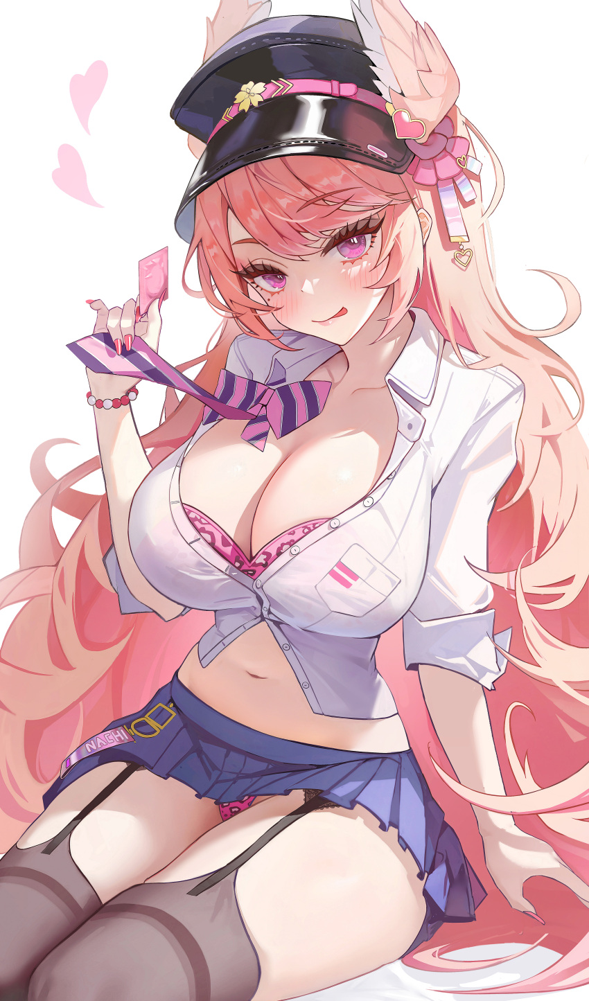 1girl :p absurdres azur_lane blush bow bowtie bra bra_peek breasts cleavage condom condom_wrapper crop_top garter_straps gyaru hat heart highres holding holding_condom large_breasts long_hair md5_mismatch miniskirt nachi_(azur_lane) panties pantyshot partially_unbuttoned peaked_cap pink_eyes pink_hair pink_nails sitting skirt solo ssr_(azmr2828) striped striped_bow striped_bowtie thighhighs thighs tongue tongue_out underwear very_long_hair wing_hair_ornament