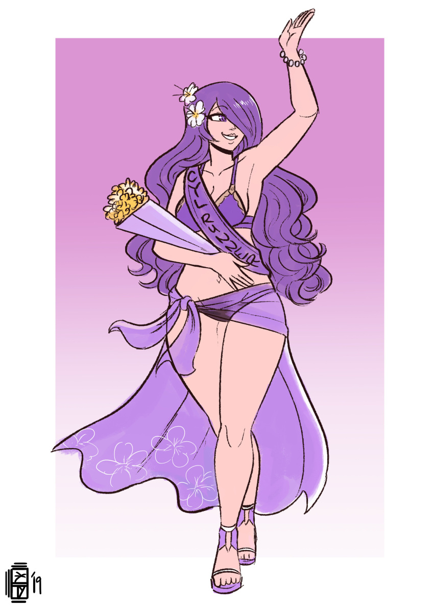 1girl 2019 absurdres arm_up bikini bouquet breasts camilla_(fire_emblem) camilla_(summer)_(fire_emblem) cleavage collarbone curvy english_commentary english_text fire_emblem fire_emblem_fates fire_emblem_heroes floral_print flower full_body gradient_background hair_flower hair_ornament hair_over_one_eye high_heels highres holding holding_bouquet long_hair looking_to_the_side medium_breasts navel official_alternate_costume purple_background purple_bikini purple_eyes purple_hair purple_sarong ribbon sarong scruffyturtles see-through_sarong signature smile solo swimsuit walking waving wavy_hair