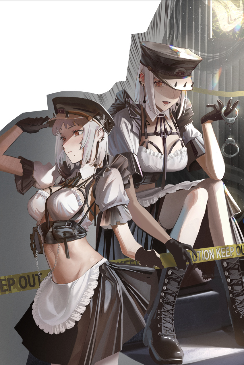 1girl absurdres apron black_footwear black_gloves black_necktie bonethide14663 caution_tape chainsaw_man cuffs earrings fami_(chainsaw_man) gloves grey_hair handcuffs hat highres jewelry looking_to_the_side maid maid_apron midriff military_hat mole mole_under_eye mole_under_mouth multiple_moles necktie one_eye_covered open_mouth orange_eyes ringed_eyes short_hair tassel tassel_earrings waist_apron