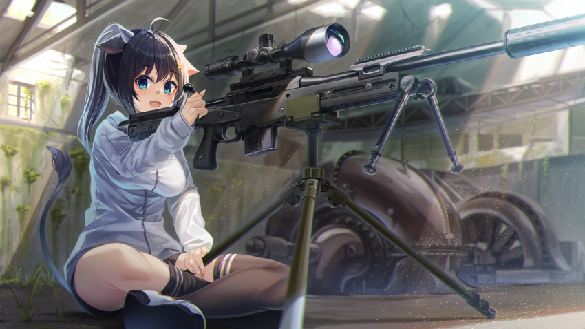 absurdres ahoge animal_ears asymmetrical_legwear bipod black_hair black_thighhighs blue_eyes breasts commission cow_ears cow_horns cow_tail enpera_(jdud8375) gun highres horns indian_style indoors large_breasts light_particles machinery open_mouth original ponytail rifle scope shoes sitting sneakers sniper_rifle suppressor tail thighhighs tripod uneven_legwear weapon weapon_request