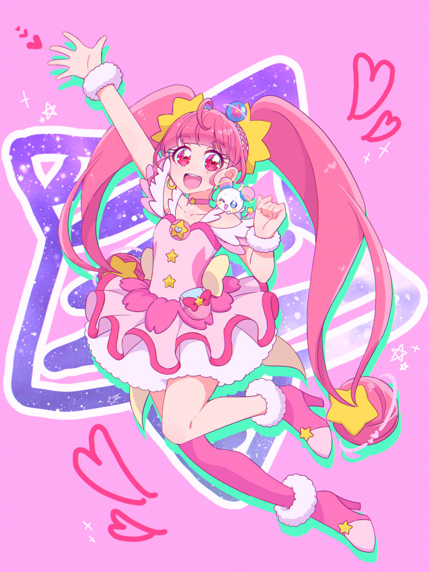 1girl :d arm_up choker cure_star dress full_body fuwa_(precure) hair_ornament heart highres hoshina_hikaru long_hair looking_at_viewer magical_girl open_mouth pink_choker pink_dress pink_eyes pink_footwear pink_hair pink_thighhighs planet_hair_ornament precure single_thighhigh smile solo star_(symbol) star_choker star_hair_ornament star_twinkle_precure thighhighs twintails usiusi_nanas very_long_hair