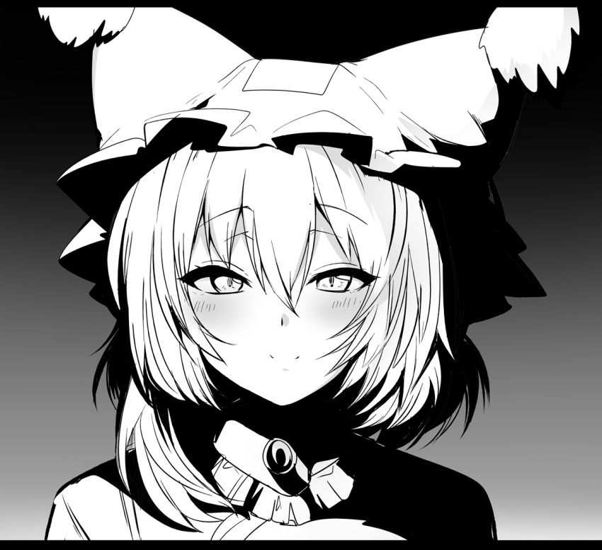 blush gradient_background greyscale hat jewelry letterboxed looking_at_viewer medium_hair mizuga mob_cap monochrome pendant smile touhou yakumo_ran