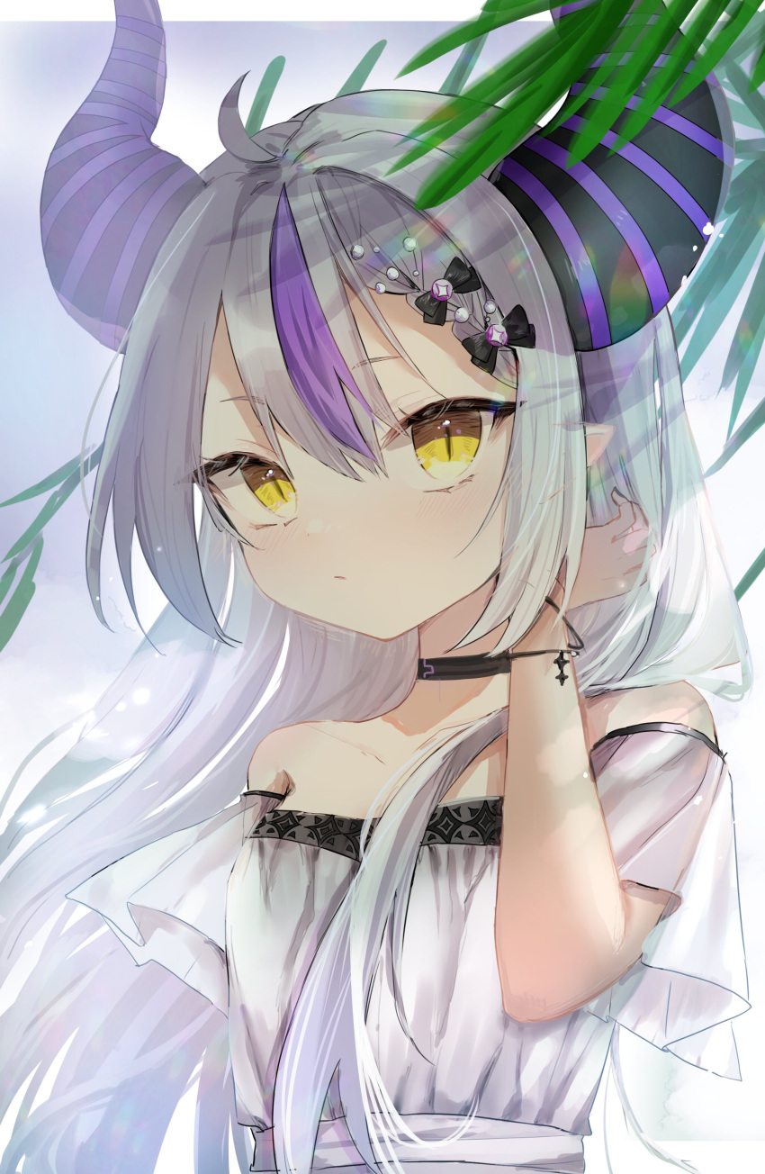 1girl absurdres ahoge akebisousaku bare_shoulders black_horns bracelet braid braided_bangs choker grey_hair hair_ornament highres hololive horns jewelry la+_darknesss long_hair multicolored_hair pointy_ears purple_hair streaked_hair striped_horns yellow_eyes