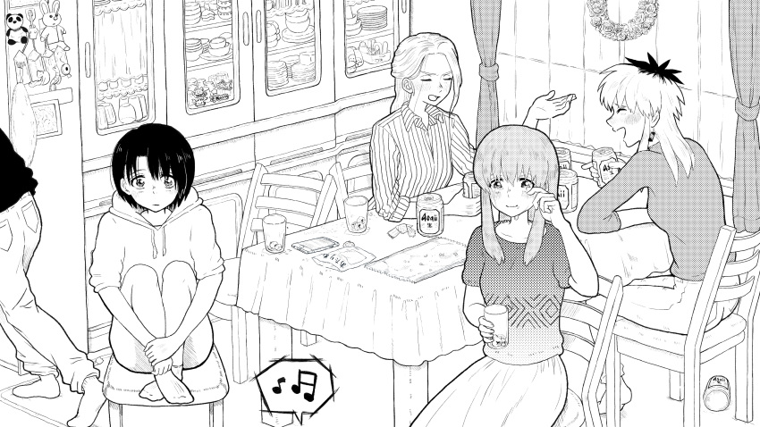 1boy 5girls beer_can black_hair black_shirt cabinet can cellphone chair closed_eyes collared_shirt controller cup curtains greyscale highres holding holding_can holding_cup hood hoodie indoors ishida_shouya juice koe_no_katachi long_hair looking_at_viewer monochrome mother_and_daughter mother_and_son multiple_girls musical_note nishimiya_shouko nishimiya_yaeko nishimiya_yuzuru open_mouth pants phone reverse_trap shirt short_hair short_sleeves sitting skirt smile socks spiked_hair spoken_musical_note striped striped_shirt table tozawa_(shibungi_21) vertical-striped_shirt vertical_stripes walking