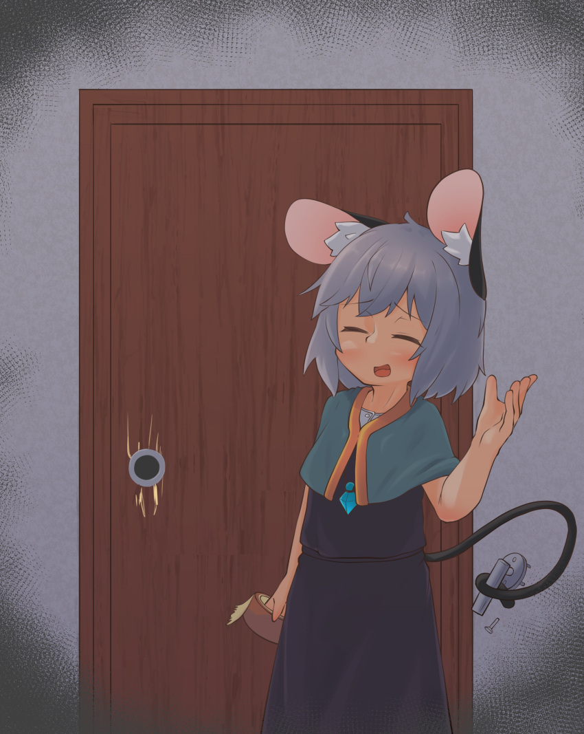 1girl absurdres animal_ears black_dress blue_capelet blush capelet closed_eyes door dress false_smile greenpiecerice grey_hair highres holding jewelry mouse_ears mouse_tail nazrin open_mouth pendant short_hair smile solo tail tape touhou