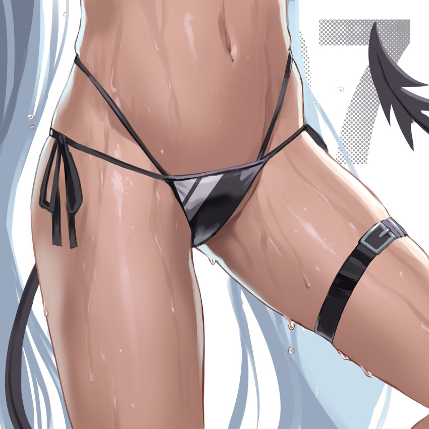 1girl absurdres bikini black_bikini blue_archive dark-skinned_female dark_skin demon_tail english_commentary grey_hair highres hip_focus iori_(blue_archive) iori_(swimsuit)_(blue_archive) khoaphan96 long_hair lower_body navel solo stomach swimsuit tail thigh_strap thighs twintails very_long_hair wet