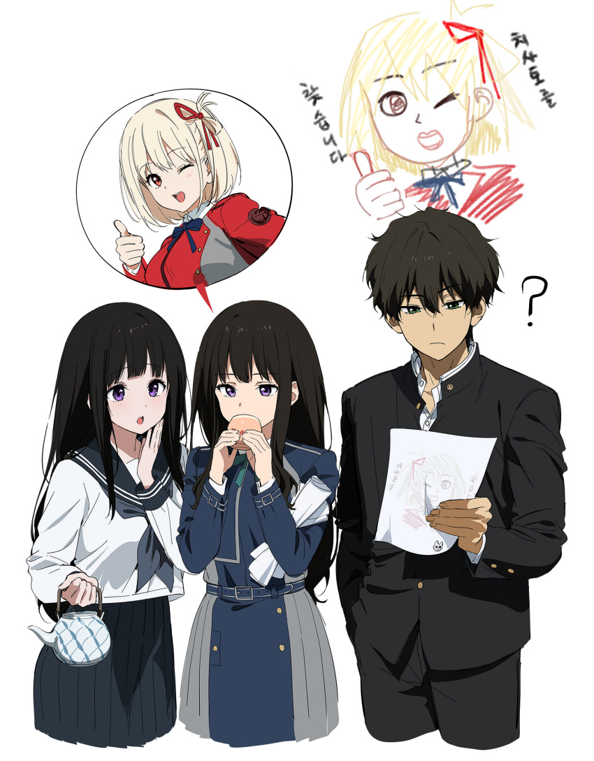 1boy 2girls absurdres artist_logo black_hair blonde_hair blue_dress blush breasts brown_hair chitanda_eru crossover dress green_eyes hair_ribbon highres hyouka inoue_takina kamiyama_high_school_uniform_(hyouka) long_hair long_sleeves look-alike lycoris_recoil lycoris_uniform mery_(yangmalgage) multiple_girls nishikigi_chisato open_mouth oreki_houtarou pleated_dress purple_eyes red_eyes red_ribbon ribbon sailor_collar school_uniform shirt short_hair simple_background skirt smile translation_request two-tone_dress white_background white_shirt