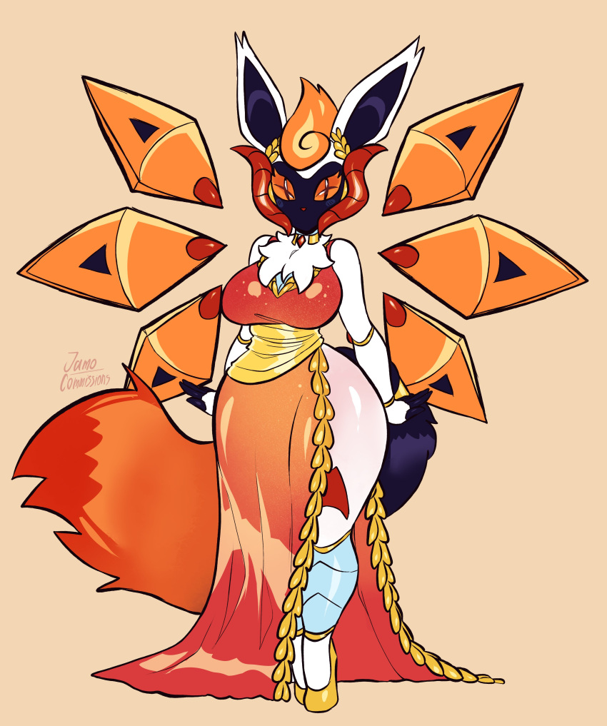 2023 6_wings absurd_res anthro big_breasts black_body black_inner_ear breasts clothed clothing dress female future_pokemon generation_9_pokemon hair hi_res iron_moth jamoart jewelry looking_at_viewer multi_wing multicolored_body neck_tuft necklace nintendo orange_clothing orange_dress orange_eyes orange_hair orange_wings paradox_pokemon pokemon pokemon_(species) robot_wings side_slit_dress simple_background small_waist solo standing tan_background tuft two_tone_body two_tone_tail white_body wide_hips wings yellow_high_heels