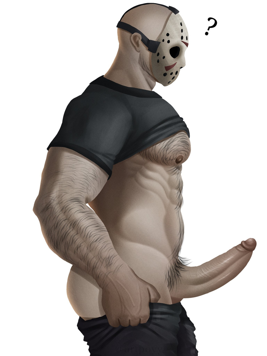 1boy ? abs arm_hair ass bald bara black_shirt body_hair bulge_lift chest_hair clothes_lift dressing erection feet_out_of_frame friday_the_13th from_side hairy highres hockey_mask i've_never_seen_a_guy_recreate_this_successfully_tbh_(meme) jason_voorhees large_pectorals male_focus male_pubic_hair mask mature_male meme muscular muscular_male navel_hair nipples no_male_underwear open_pants pants pants_lift pectorals penis poy_(artpoyy) pubic_hair shirt shirt_lift short_hair solo stomach uncensored underpec undersized_clothes veins veiny_arms